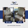 Before and after installation of custom RV captain chair seat covers in a 2016 Tiffin Allegro Open Road
