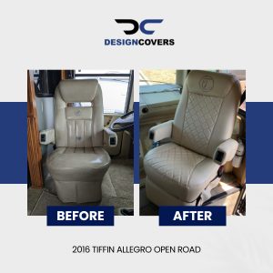 Before and after installation of custom RV captain chair seat covers in a 2016 Tiffin Allegro Open Road