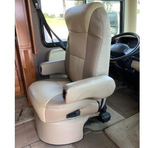 Side view of custom RV captain chair seat covers installed in a 2016 Tiffin Allegro Open Road motorhome