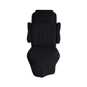 Front view of black cotton seat cover for 2016 Tiffin Allegro Open Road captain's chair