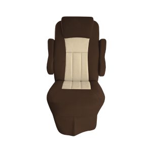 Front view of brown cotton seat cover with sand insert for 2016 Tiffin Allegro Open Road RV captain's chair