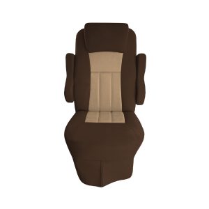 Front view of brown cotton seat cover with tan center insert for 2016 Tiffin Allegro Open Road RV captain's chair