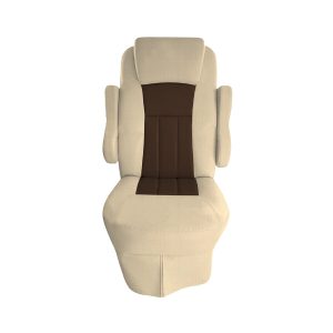 Front view of sand cotton seat cover with brown insert for 2016 Tiffin Allegro Open Road RV captain's chair
