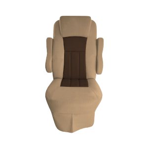 Front view of tan cotton seat cover with brown center insert for 2016 Tiffin Allegro Open Road RV captain's chair