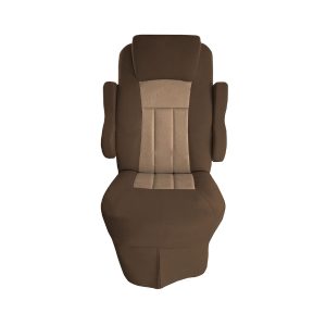 Front view of dark brown velvet seat cover with tan insert for 2016 Tiffin Allegro Open Road RV captain's chair