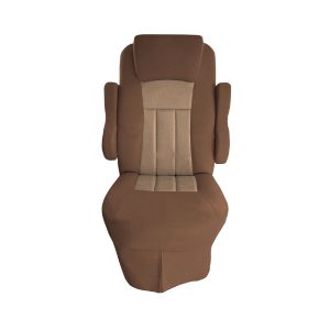 Front view of light brown velvet seat cover with tan insert for 2016 Tiffin Allegro Open Road RV captain's chair