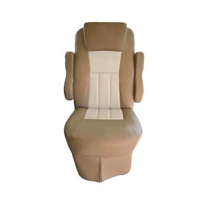 Front view of tan vinyl seat cover with alabaster insert for 2016 Tiffin Allegro Open Road RV captain's chair