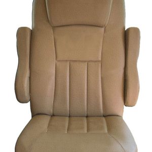 Close-up of tan vinyl seat cover with OEM stitch insert for 2016 Tiffin Allegro Open Road RV captain's chair