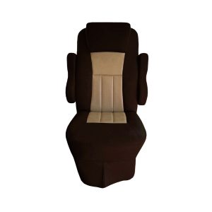 Front view of walnut vinyl seat cover with tan insert for 2016 Tiffin Allegro Open Road RV captain's chair