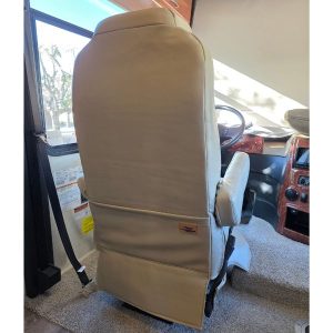Back view of custom RV captain chair seat cover installed in a motorhome