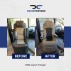 Before and after installation of custom RV captain chair seat covers in a 2018 Jayco Precept motorhome