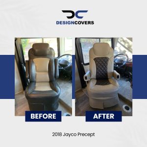 Before and after installation of custom RV captain chair seat covers in a 2018 Jayco Precept motorhome