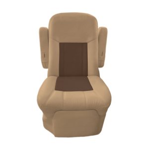 Tan and brown two tone cotton RV seat cover for captain chairs in Class A motorhomes