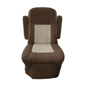 Dark brown and sand velour two tone RV seat cover for captain chairs in luxury motorhomes
