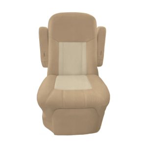 Tan and alabaster two tone vinyl RV seat cover for captain chairs in motorhome interiors