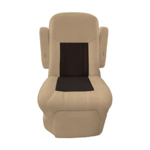 Tan and walnut two tone vinyl RV captain chair seat cover with rich interior contrast