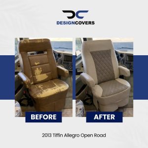Before and after RV seat cover installation on 2013 Tiffin Allegro Open Road captain chair with diamond stitch vinyl