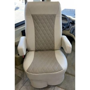 Close-up of diamond stitch vinyl RV seat cover on Tiffin Allegro Open Road captain chair showing detail and fit