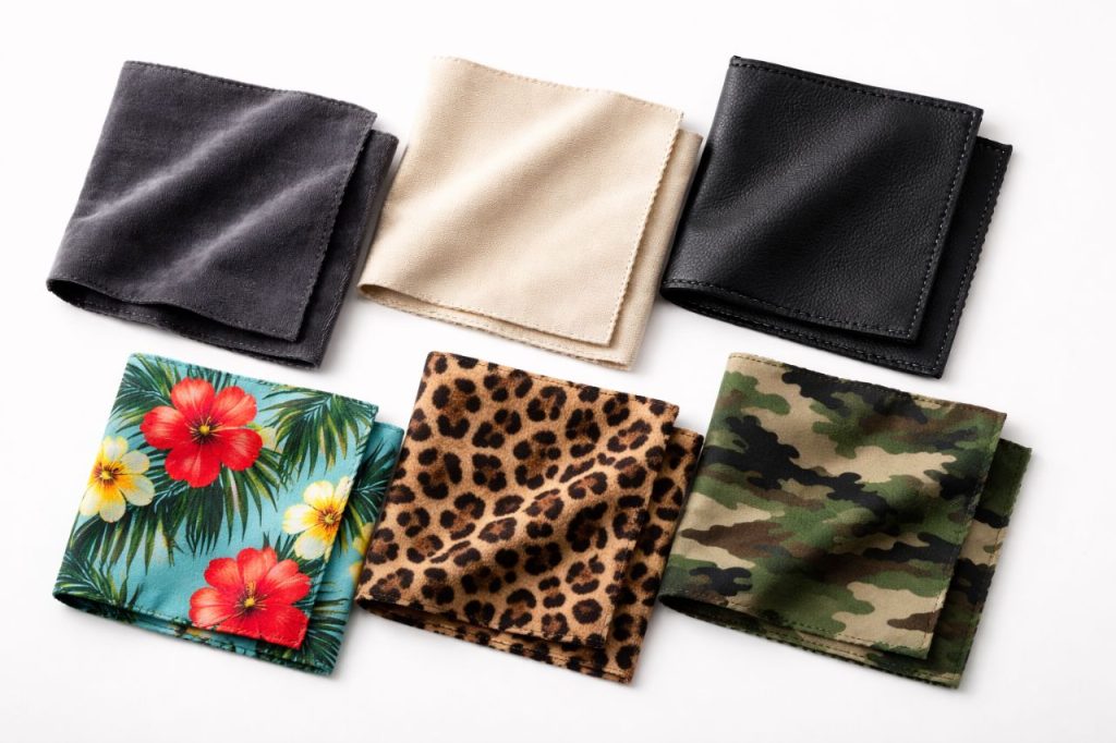 Six seat cover material swatches showing velvet, cotton, leatherette, Hawaiian print, animal print, and camouflage fabric options from DesignCovers