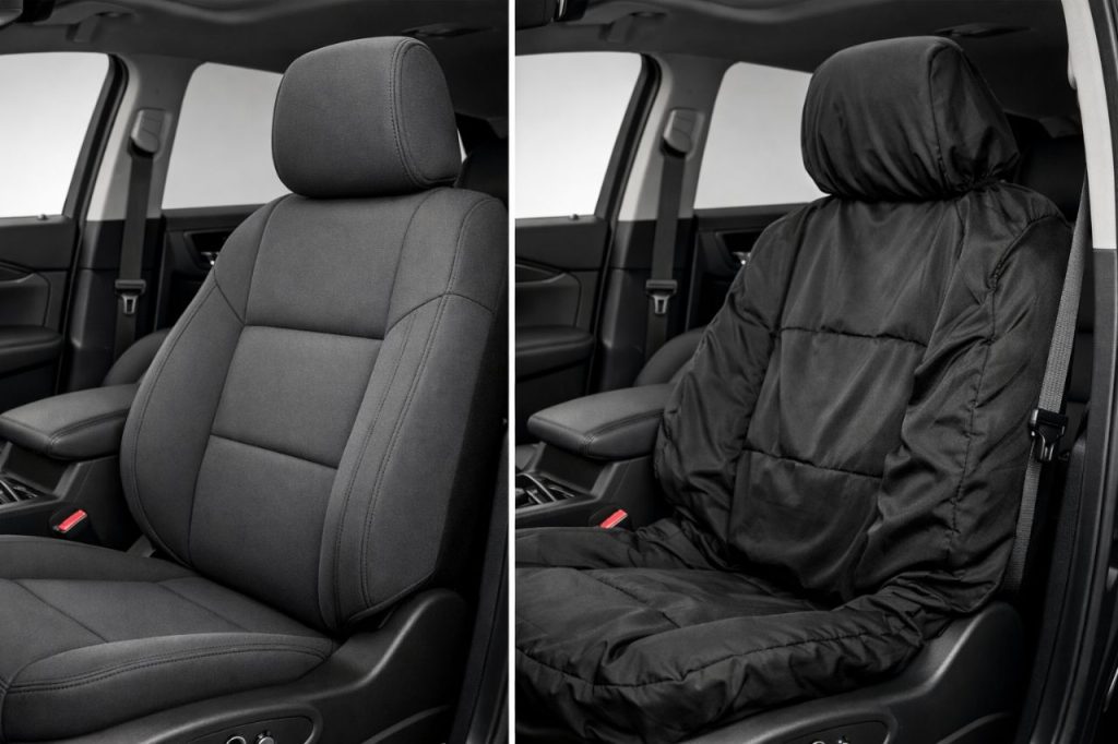 Side by side comparison of a custom fit seat cover with a snug tailored look versus a universal seat cover with loose bunching on a car front seat