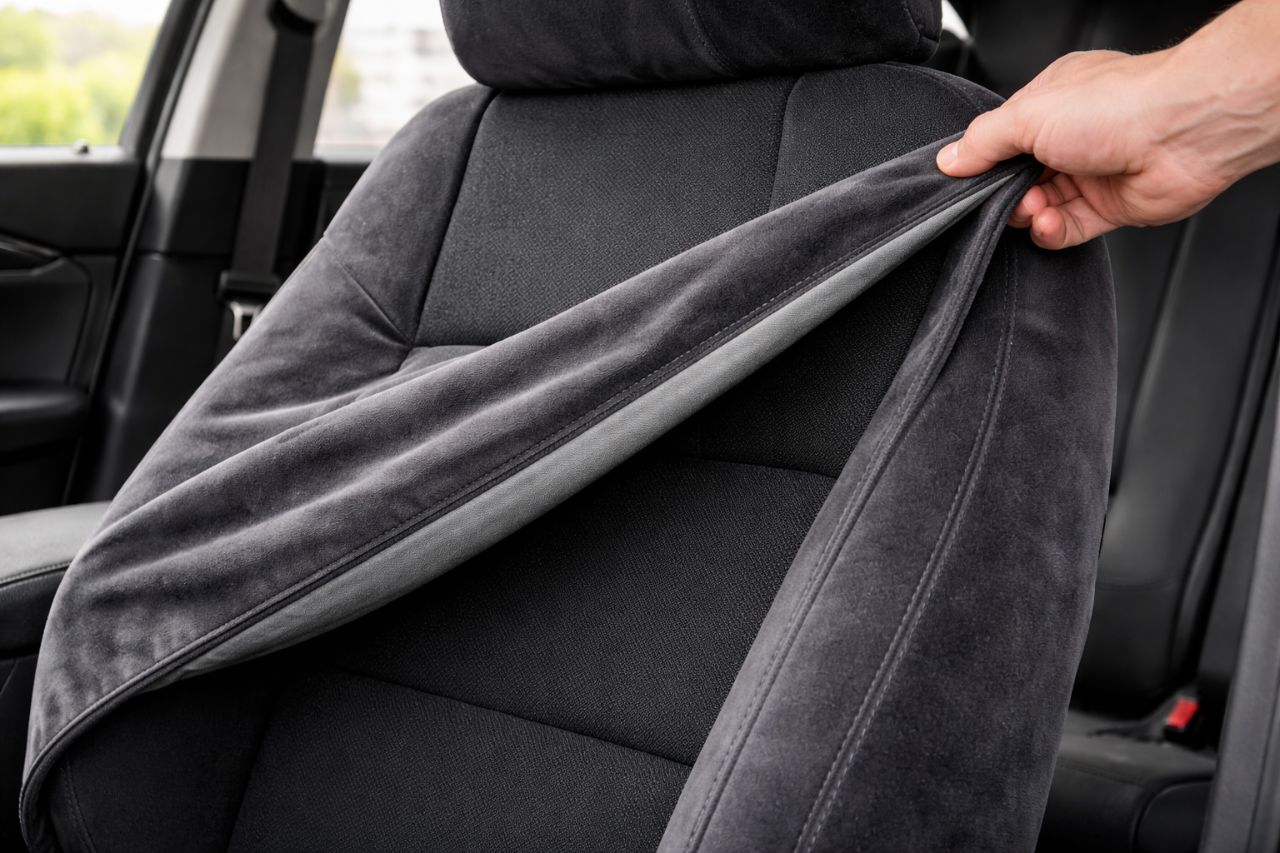 Custom seat cover being peeled back on a car front seat to reveal pristine original upholstery preserved underneath showing the protective benefit